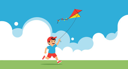Naklejka premium Joyful Child Plays With Colorful Kite Against a Blue Sky During a Sunny Day