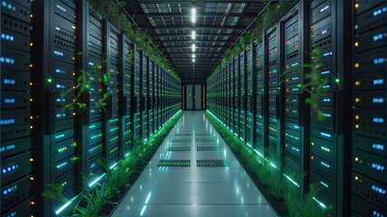 Server Room Corridor with Greenery and Blue Lights.