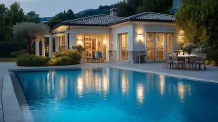 Fototapeta premium A villa with a pool, the luxurious scene illuminated by gentle light. Villa, pool, with copy space