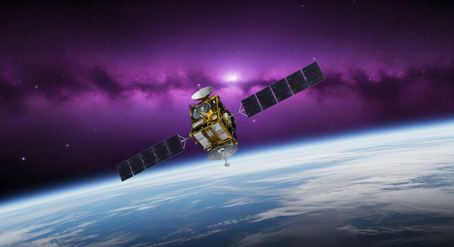 Communication satellite in orbit around Earth with vibrant nebula