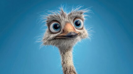 Close-up of a cartoon ostrich.  Large eyes, fluffy feathers,  and a slightly goofy expression.  Bright blue background.  3D rendered animation style