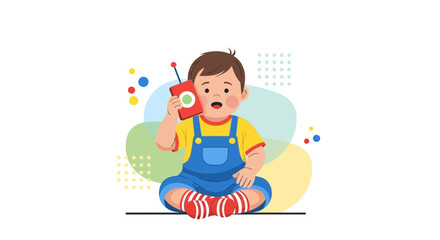 Obraz premium Joyful Toddler Imagines Conversation Using Toy Radio, Expressing Creative Fun and Youth