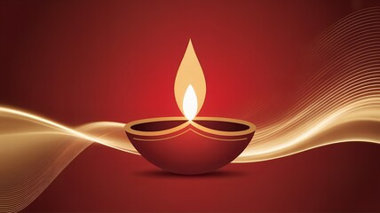 Single Glowing Diya Lamp on Red Festive Background.