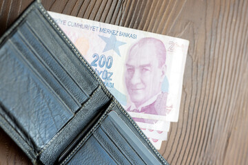 Turkish Lira in Black Leather: A Bundle of Banknotes Tucked Inside a Wallet