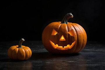 Pumpkin smiling evilly on Halloween on dark background