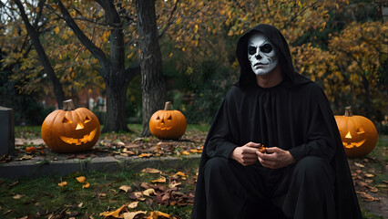 A man in a Halloween costume with makeup and a dark cloak sits in an autumn forest around a pumpkin