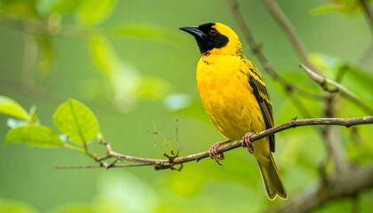 A vibrant yellow weaver bird with a black head perched on a tree branch surrounded by lush green foliage.