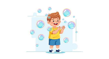Joyful Young Boy Playing With Bubbles in A Whimsical Colorful Illustration
