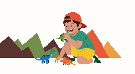 Fototapeta premium Joyful Young Boy Playing With Dinosaur Toys Amidst Colorful Simplified Landscape