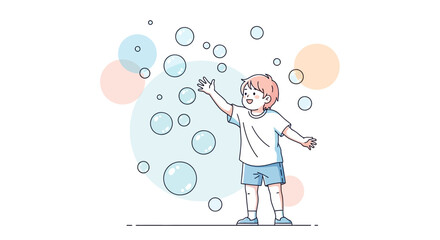 Obraz premium Joyful Childhood Illustration: A Boy's Playful Moment with Floating Bubbles in a Vibrant Scene