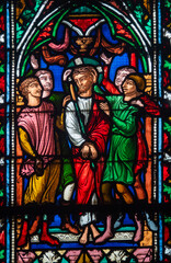 Fototapeta premium Stained glass (19th century) of the Passion of Jesus: Christ in contempt or Derision of Christ.