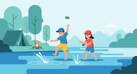Obraz premium Joyful Children Playing Frisbee Near Lake, Having Fun During Camping Trip, Summertime