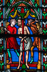 Stained glass (19th century) of the Passion of Jesus: Christ in contempt or Derision of Christ.