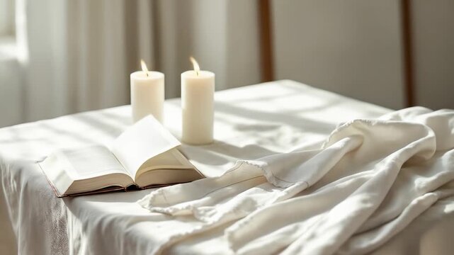 Lit candles, an open book, and white cloth create a yom kippur atmosphere on a table