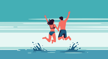 Joyful Couple Leaping Into Refreshing Water At A Coastal Seaside Beach Getaway