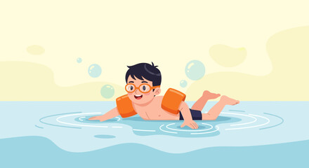 Fototapeta premium Joyful Youngster Swimming Enjoying Pool Time With Orange Armbands And Protective Eyewear