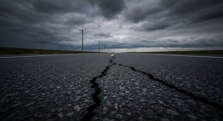 Cracked asphalt road under a stormy sky