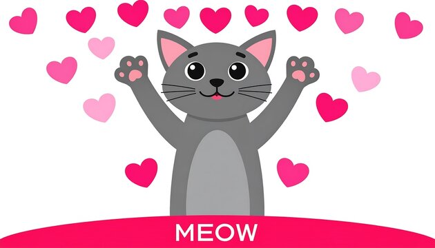Cute gray cat with raised paws, surrounded by pink hearts