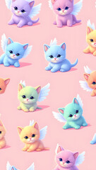 Cute Pastel Kittens with Wings: Seamless Pattern Wallpaper Design, Adorable Fantasy Illustration