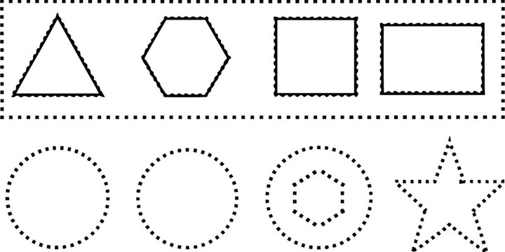 Collection of geometric shapes with wavy and dotted outlines on white background