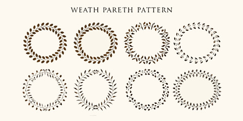 Collection of eight circular decorative wreaths with delicate brown leaves and stems on a cream background