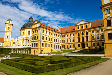 Obraz premium Baroque Jaroměřice nad Rokytnou Castle with gardens and church, historical landmark and cultural monument in the Vysočina region, Czech Republic, European heritage site.
