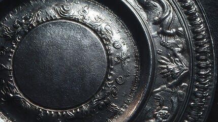 A close up view of an ornate metal plate with detailed carvings and circular patterns in dark lighting