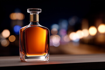 A refined liquor bottle with a golden liquid. Set against the backdrop of a city's nightlife. A sensory journey through the realms of taste, aroma, and aesthetic allure.