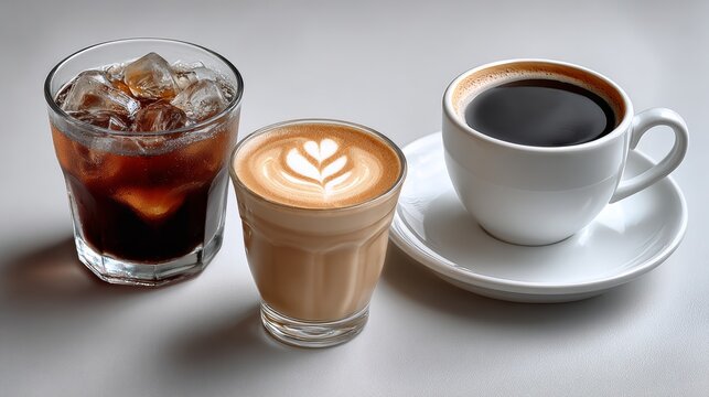 Three distinct coffee beverages displayed on a light surface, featuring a glass of iced coffee, a latte with heart design, and a cup of black coffee, showcasing variety in coffee culture and presentat
