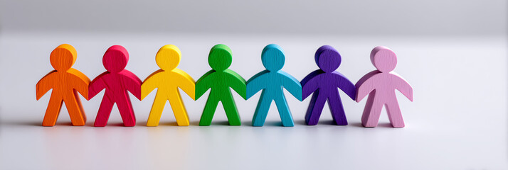 A vibrant collection of colorful wooden figurines, each hand-in-hand, standing together in a display of unity, diversity and harmony. This image captures the essence of community. 