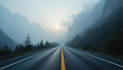 Naklejka premium Misty mountain road stretches into a hazy valley, sunlight peeks through the fog.