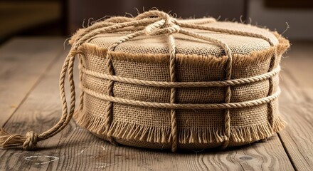Handmade circular package covered in hessian fabric and secured with thick twine, a concept of natural gift wrapping