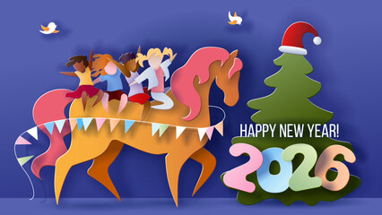 Children riding horse new year 2026 card. Year of the horse 2026 greeting banner