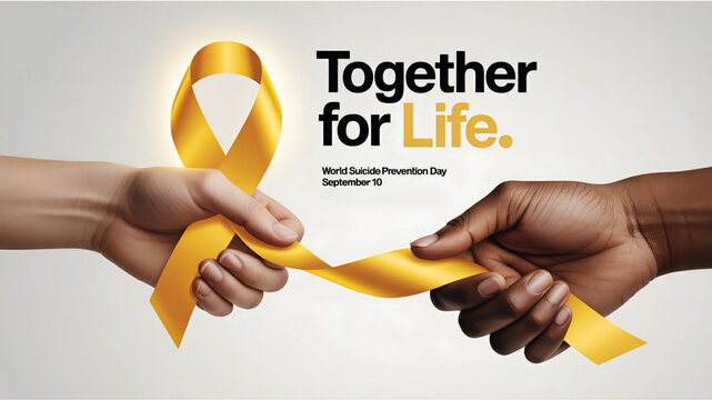 World Suicide Prevention Day awareness banner with yellow ribbon and diverse hands holding together for life