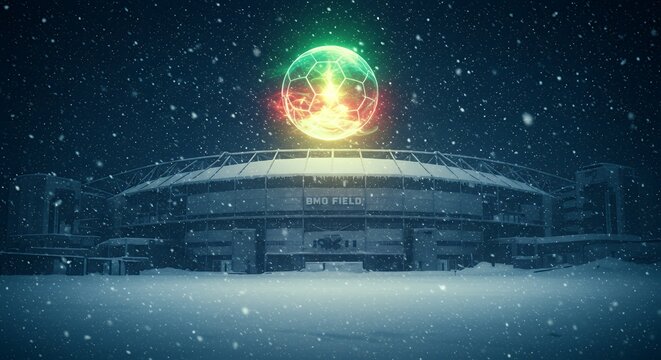 Futuristic Glowing Soccer Ball Above BMO Field in a Snowy Winter Scene