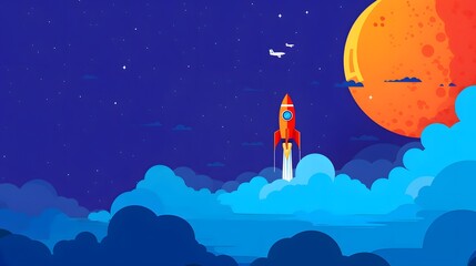 Fototapeta premium rocket in space concept. Flat illustration of a rocket with clouds and planets. 