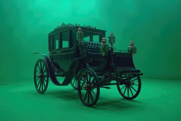 Fototapeta premium Elegant vintage black horse-drawn carriage on a vibrant green studio backdrop.