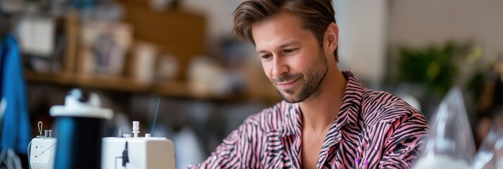 Young caucasian male fashion designer sewing in creative studio environment