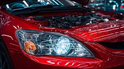 Glossy red car with a glowing blue xenon headlight and an open hood revealing the engine.