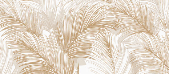 
Abstract beige and white pattern with palm leaves, seamless wallpaper design, white background, simple lines. 