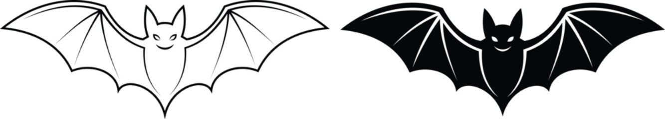 Flying bat icon set. Halloween bats vector illustration on isolated transparent background. Black and outline bat silhouette icon design.