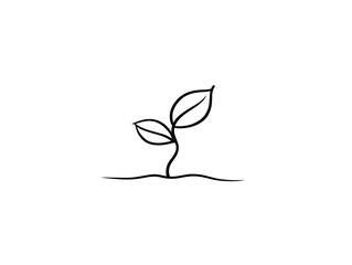 
One line drawing logo of single leaf growing from the ground, simple and minimalistic design with white background.