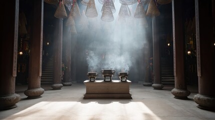 Interior of Ancient Temple with Prayers and Mystical Atmosphere