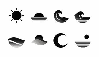 Naklejka premium Set of icons, black and white vector graphic design, simple shapes, beach sunset wave, sun, waves, sea, sand, landscape, logo icons, minimalism, simple shapes.
