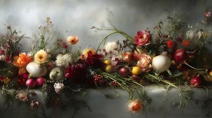 Vibrant Still Life Painting Flowers Fruits Vegetables