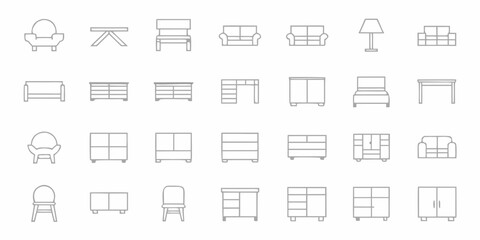 Collection of modern furniture icons in a clean line art style representing home and office furnishings