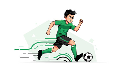 Illustration of a soccer player kicking a ball and running on a simple background