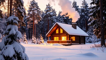Winter Cabin with Smoke