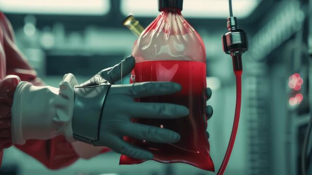 A gloved hand holds a bag of blood, with a medical or crime scene implication