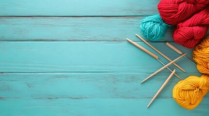 Colorful Yarn Balls and Knitting Needles on Rustic Wooden Background